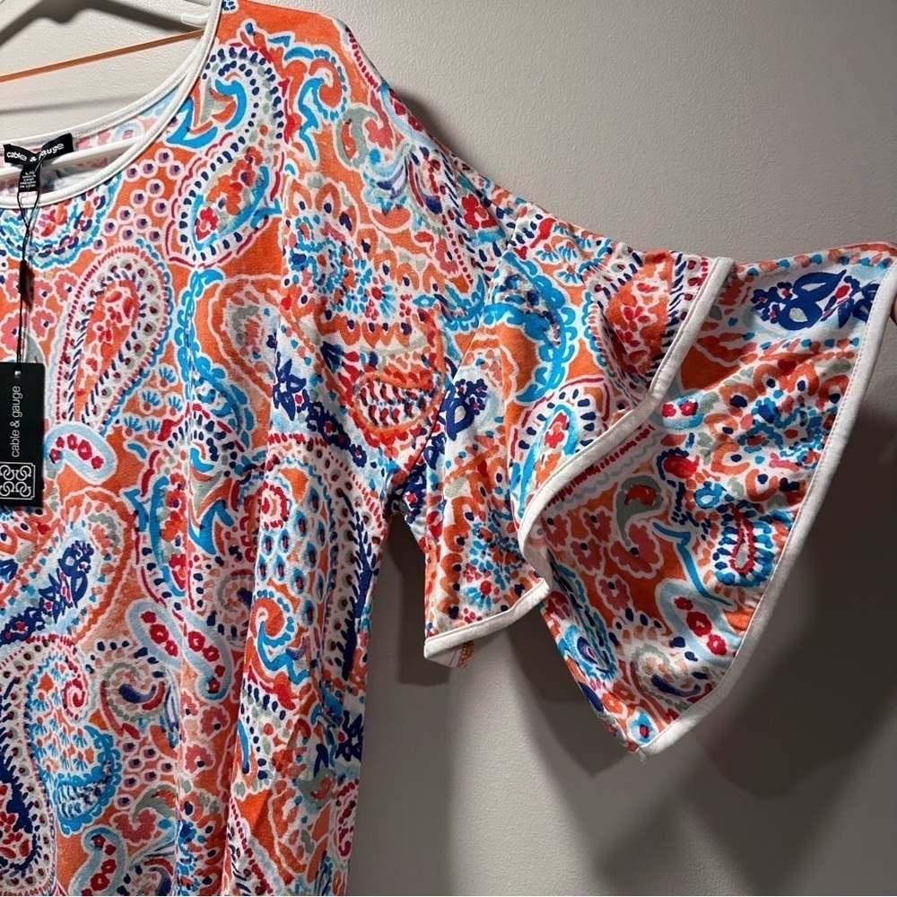 Cable & Gauge 3/4 Ruffle Bell Short Sleeve Blouse Paisley White Hem Large NWT - Picture 6 of 15